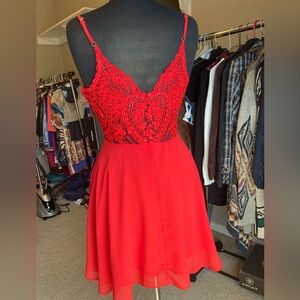 NWT: Lulu’s red fit and flare dress with lace back, size small (photo back)